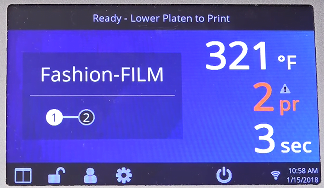 Photo of Fusion IQ heat press screen showing live pressure readout