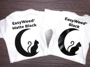 picture of 2 mini tees with the same design, one inf Black EasyWeed and the other in Matte Black EasyWeed HTV