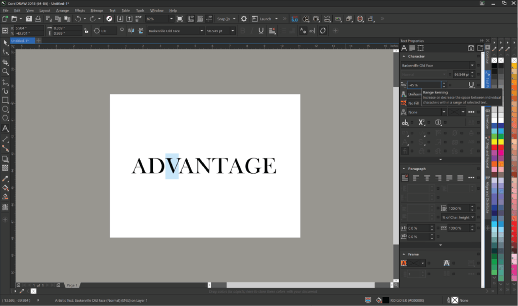 Screenshot of CorelDRAW with text kerning options