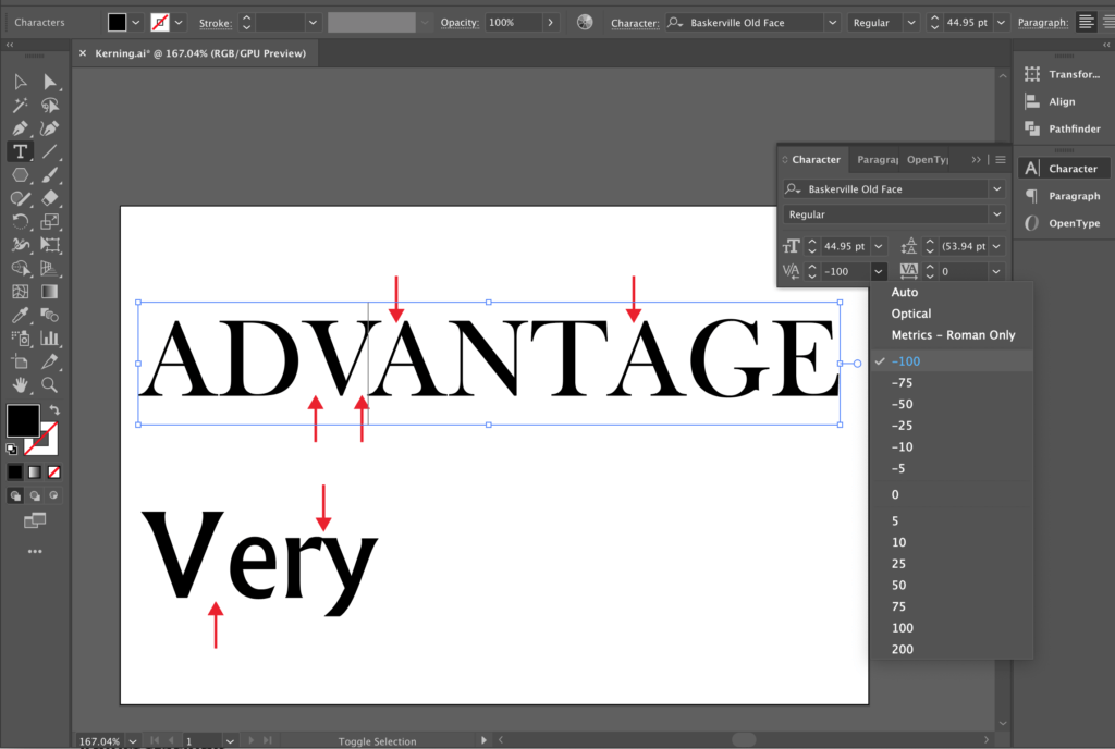 Adobe Illustrator screenshot of kerning using the Character panel