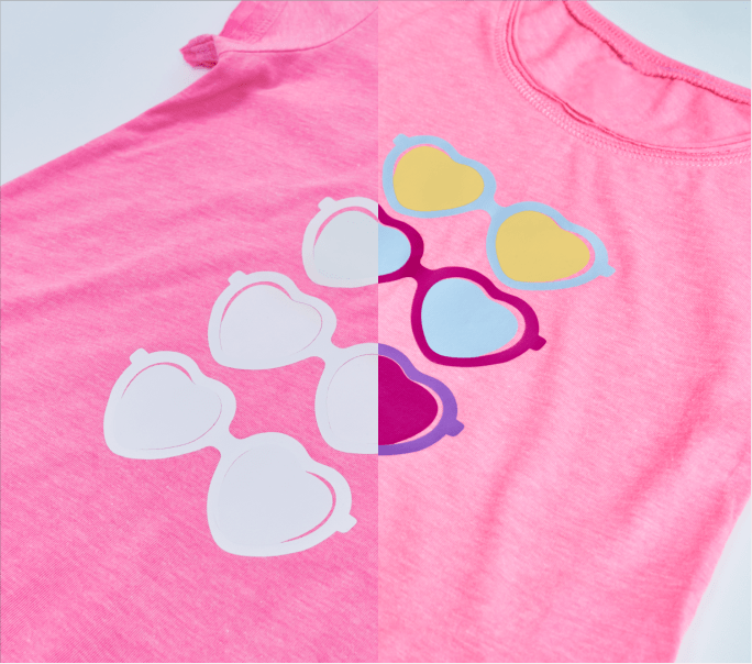 Stahls' UV shift HTV in heart shaped glasses on pink shirt 